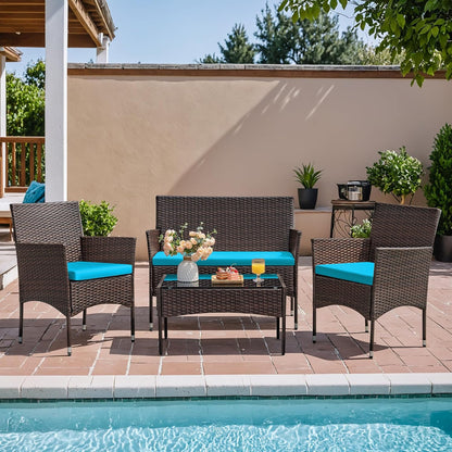 4 Pieces Patio Rattan Chair Wicker, Outdoor Indoor Use Backyard Porch Garden Poolside Balcony Furniture Sets Red