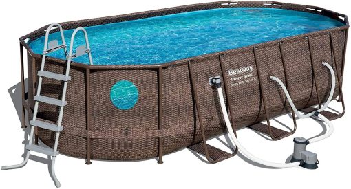 Bestway Power Steel 18' x 9 'x 48' Above Ground Swimming Pool Set with Metal Frame Home Swimming Pool Sand Filter Pump, Skimmer and Vacuum