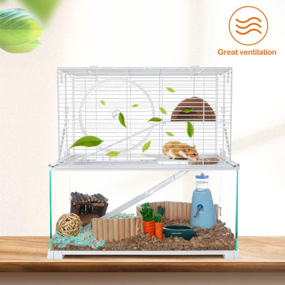 3 Tiers Large Hamster Cages, Glass Hamster Cage Habitat with Openable Wire Topper