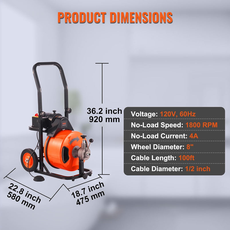 Drain Cleaner Machine 100FT x 1/2Inch, Auto Feed Sewer Snake Auger with 4 Cutter and Air-Activated Foot Switch for 1" to 4" Pipes, Orange, Black