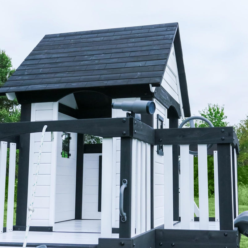 Backyard Discovery Canyon Creek Cedar Wood Swing Set with Wave Slide, Clubhouse, Play Kitchen, Picnic Area, Belt Swings, Web Swing, Rock Wall