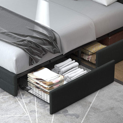 Allewie Upholstered Queen Size Platform Bed Frame with 4 Storage Drawers and Headboard, Square Stitched Button Tufted