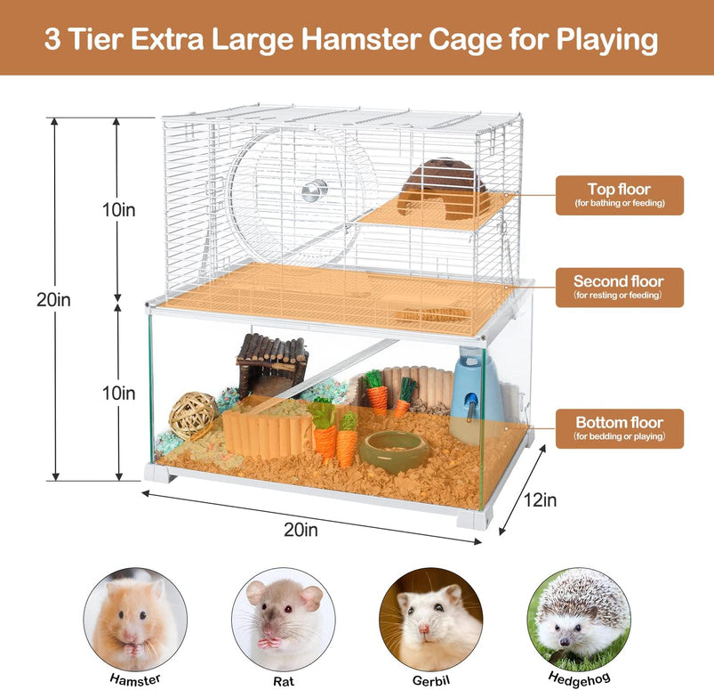 3 Tiers Large Hamster Cages, Glass Hamster Cage Habitat with Openable Wire Topper