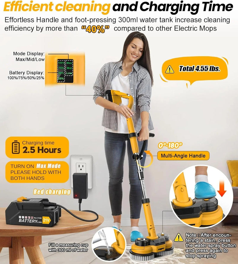 6000mAh Battery Electric Mop M1, 800RPM Cordless Electric Power Scrubber and Mops for Floor Cleaning, Automatic Spin Mops with Smart Display