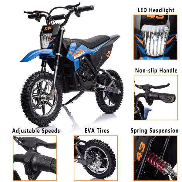36V Kids Electric Dirt Bike, 36V, 350W, 15.5MPH, LED, 175lbs Max, Blue