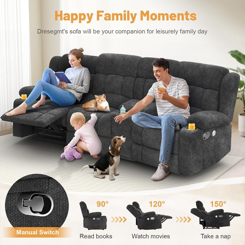 3 Seat Reclining Sofa with Storage Drawer USB Ports and Cup Holders Manual Couch