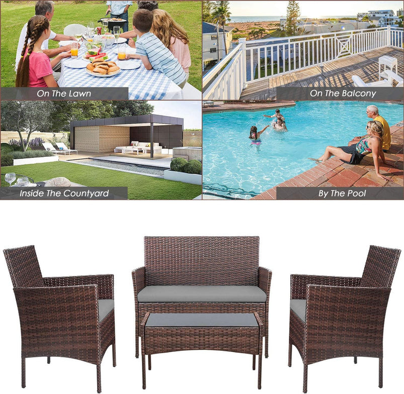 4 Pieces Patio Rattan Chair Wicker, Outdoor Indoor Use Backyard Porch Garden Poolside Balcony Furniture Sets Red