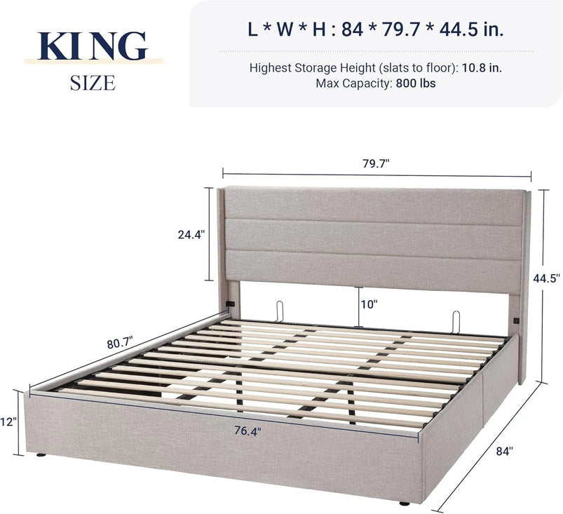 Allewie Queen Size Lift up Storage Bed, Modern Wingback Headboard, Hydraulic Support, Light Beige