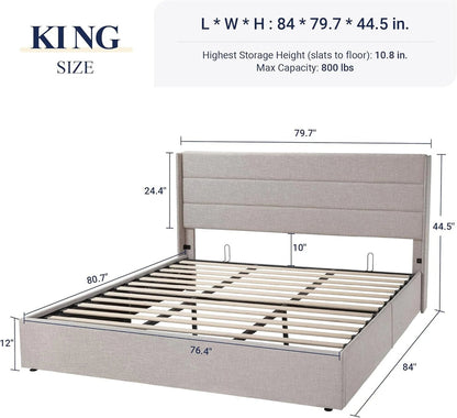 Allewie Queen Size Lift up Storage Bed, Modern Wingback Headboard, Hydraulic Support, Light Beige