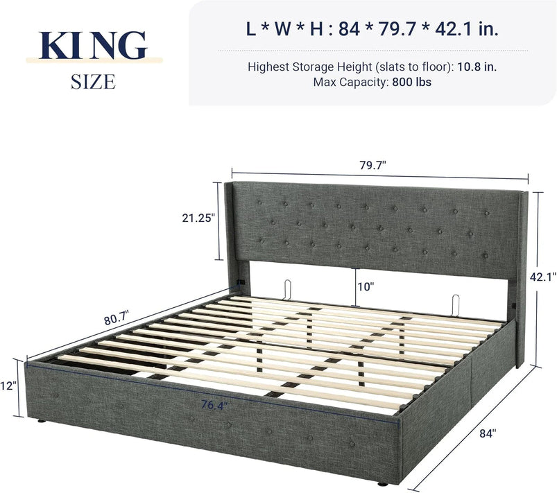 Allewie Queen Size Lift up Storage Bed, Modern Wingback Headboard, Hydraulic Support, Light Beige