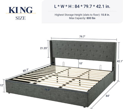 Allewie Queen Size Lift up Storage Bed, Modern Wingback Headboard, Hydraulic Support, Light Beige