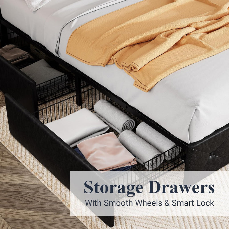 Allewie Upholstered Queen Size Platform Bed Frame with 4 Storage Drawers and Headboard, Square Stitched Button Tufted