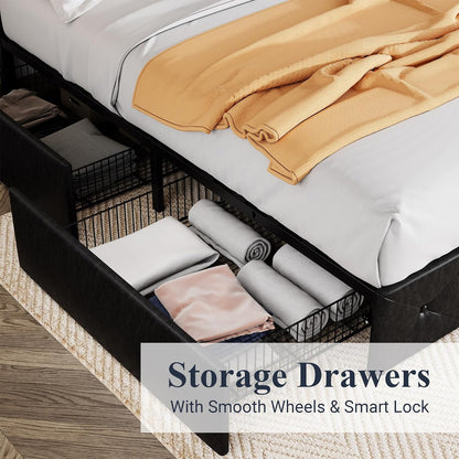 Allewie Upholstered Queen Size Platform Bed Frame with 4 Storage Drawers and Headboard, Square Stitched Button Tufted