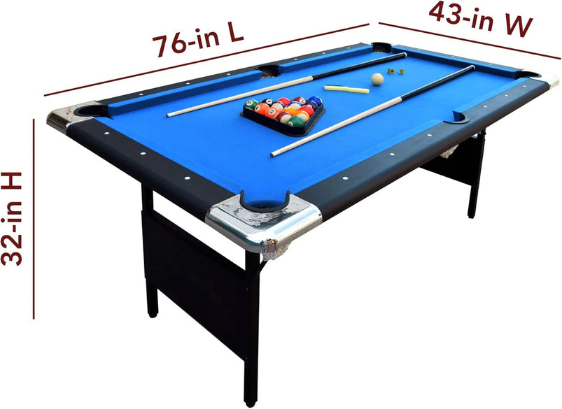 6 Ft Portable Pool Table, Adults Folding Billiards Tables for Game Room with Easy Foldable Storage, Includes Full Set of Billiard Balls, Cues