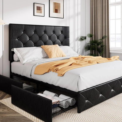 Allewie Upholstered Queen Size Platform Bed Frame with 4 Storage Drawers and Headboard, Square Stitched Button Tufted