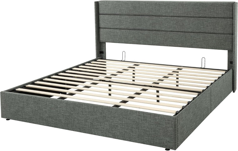 Allewie Queen Size Lift up Storage Bed, Modern Wingback Headboard, Hydraulic Support, Light Beige