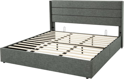 Allewie Queen Size Lift up Storage Bed, Modern Wingback Headboard, Hydraulic Support, Light Beige