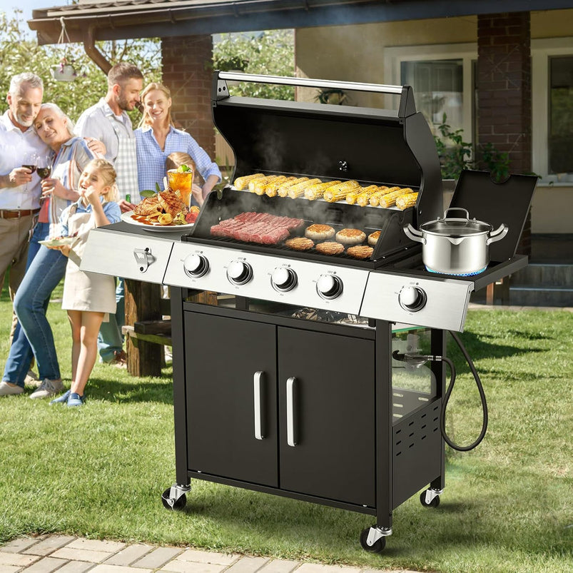 Upgraded 4 Burner BBQ Propane Gas Grill with Cast Iron Grates and Side Stove, 44, 000 BTU Stainless Steel Burner Barbecue Grill for Patio, Camping