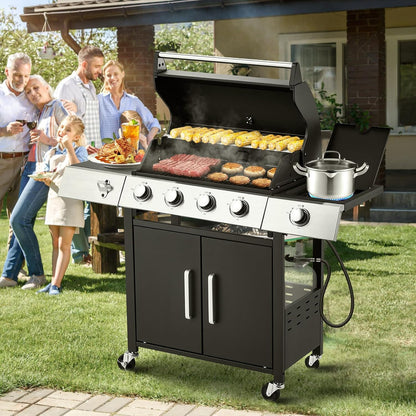 Upgraded 4 Burner BBQ Propane Gas Grill with Cast Iron Grates and Side Stove, 44, 000 BTU Stainless Steel Burner Barbecue Grill for Patio, Camping