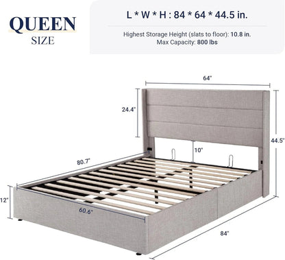 Allewie Queen Size Lift up Storage Bed, Modern Wingback Headboard, Hydraulic Support, Light Beige