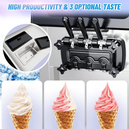 2200W Commercial 3 Flavor Soft Serve Ice Cream Machine, 5.3-7.4 Gal/Hr, with LCD Touch Screen, Automatic Cleaning, for Home Snack Bar and Restaurants