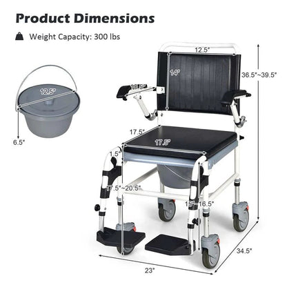 4 in 1 Bedside Commode Chair Shower Wheelchair with Detachable Bucket Padded Mobile Toilet Chair, Comfortable and Ergonomic Design