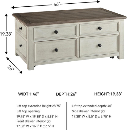Ashley Bolanburg Lift Top Coffee Table with Drawers, Antique Cream and Brown