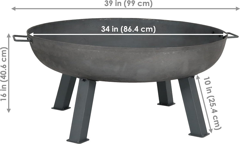 34-Inch Rustic Cast Iron Outdoor Raised Fire Pit Bowl with Handles, Oxidized Finish