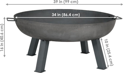34-Inch Rustic Cast Iron Outdoor Raised Fire Pit Bowl with Handles, Oxidized Finish
