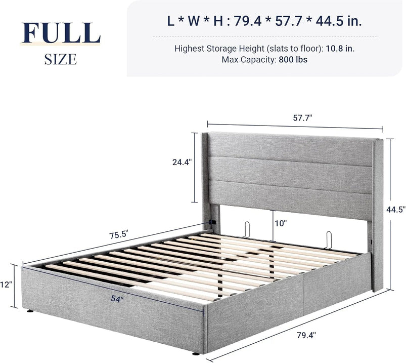 Allewie Queen Size Lift up Storage Bed, Modern Wingback Headboard, Hydraulic Support, Light Beige