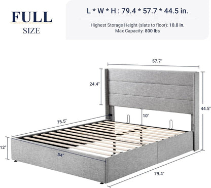 Allewie Queen Size Lift up Storage Bed, Modern Wingback Headboard, Hydraulic Support, Light Beige