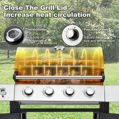 Upgraded 4 Burner BBQ Propane Gas Grill with Cast Iron Grates and Side Stove, 44, 000 BTU Stainless Steel Burner Barbecue Grill for Patio, Camping