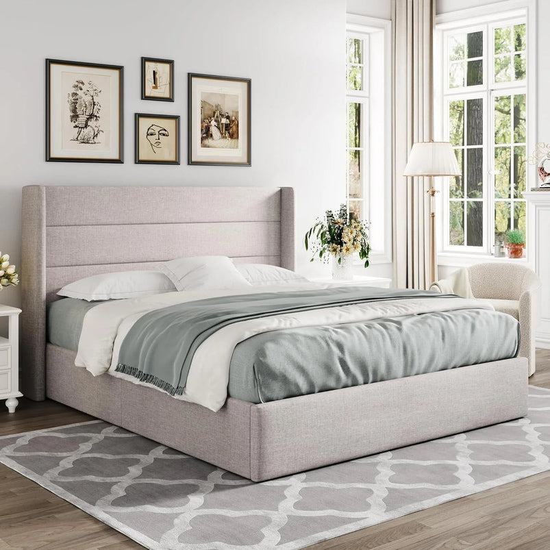 Allewie Queen Size Lift up Storage Bed, Modern Wingback Headboard, Hydraulic Support, Light Beige