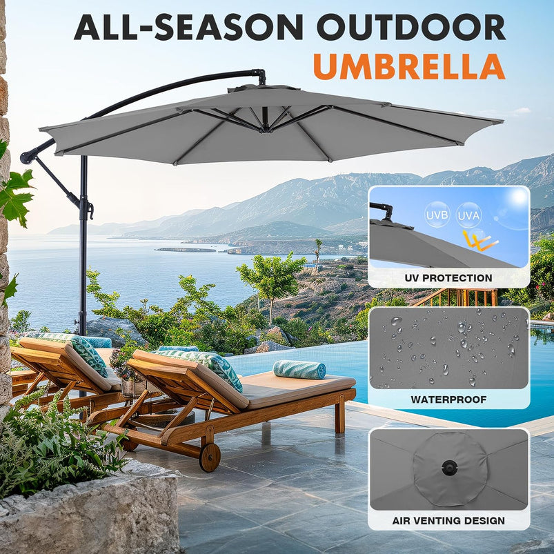 9.8FT Offset Patio Umbrella Hanging Cantilever Umbrella Outdoor Sun Shade with Easy Tilt Adjustment, 8 Ribs, UV Protection for Backyard, Lawn