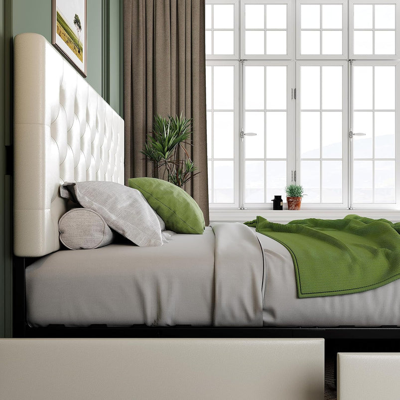 Allewie Upholstered Queen Size Platform Bed Frame with 4 Storage Drawers and Headboard, Square Stitched Button Tufted