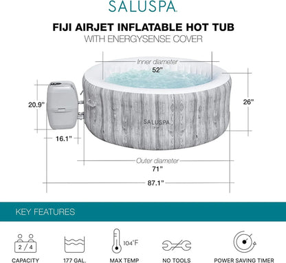 Bestway Saluspa Fiji Airjet Large Round 2 to 4 Person Inflatable Hot Tub Portable Outdoor Spa with 120 Airjets and Energysense Cover, Grey