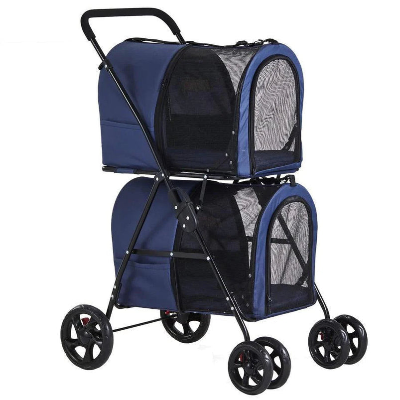 42 Double Pet Stroller for 2 Dogs and Cats, 4 Wheels Dog Strollers Folding Travel Cat Stroller with Suspension System, Navy Blue