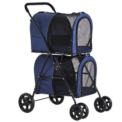 42 Double Pet Stroller for 2 Dogs and Cats, 4 Wheels Dog Strollers Folding Travel Cat Stroller with Suspension System, Navy Blue