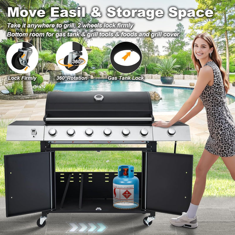 Upgraded 4 Burner BBQ Propane Gas Grill with Cast Iron Grates and Side Stove, 44, 000 BTU Stainless Steel Burner Barbecue Grill for Patio, Camping