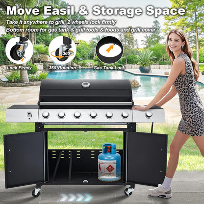 Upgraded 4 Burner BBQ Propane Gas Grill with Cast Iron Grates and Side Stove, 44, 000 BTU Stainless Steel Burner Barbecue Grill for Patio, Camping