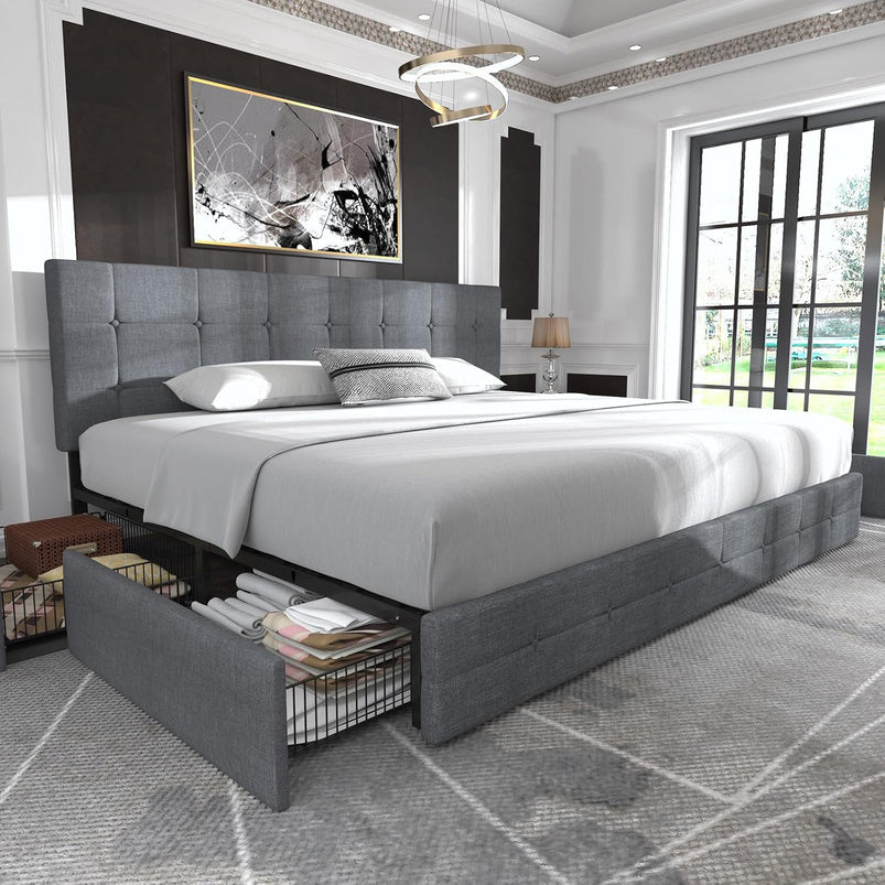 Allewie Upholstered Queen Size Platform Bed Frame with 4 Storage Drawers and Headboard, Square Stitched Button Tufted