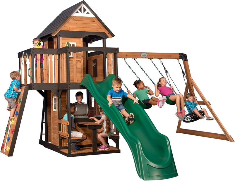 Canyon Creek Cedar Wood Swing Set with Wave Slide, Clubhouse, Play Kitchen, Picnic Area, Belt Swings, Web Swing, Rock Wall, Balconies, Playhouse
