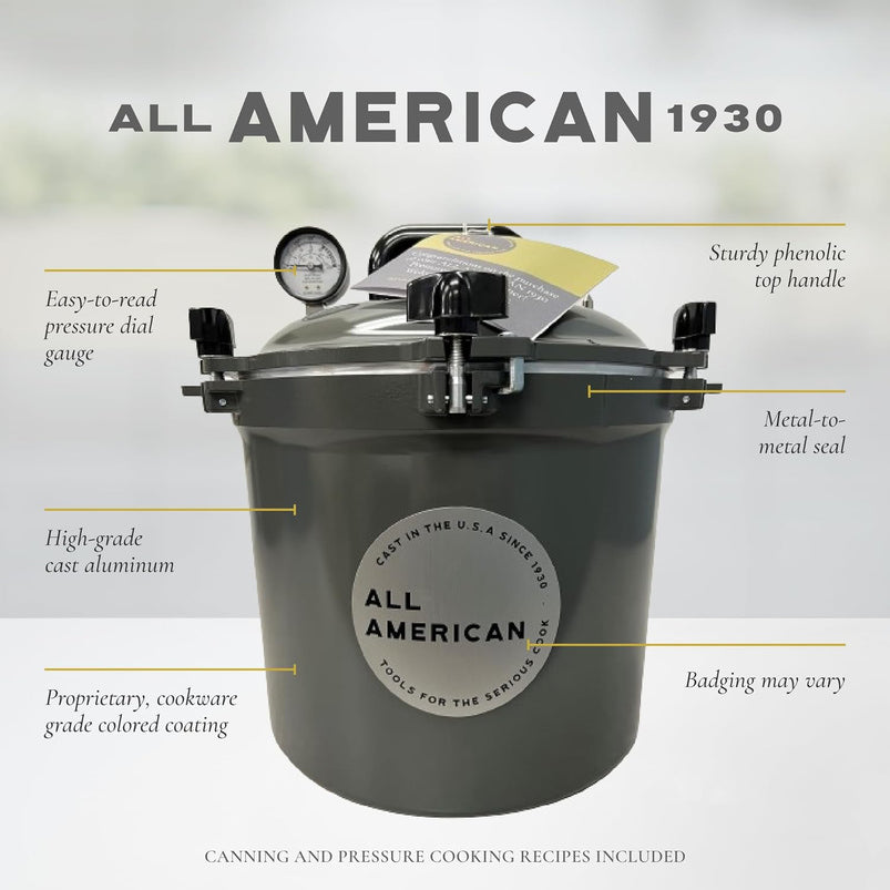 All American 1930, 21.5qt Pressure Cooker/Canner the 921, Metal to Metal Sealing System, Easy to Open and Close, Suitable for Gas, Electric