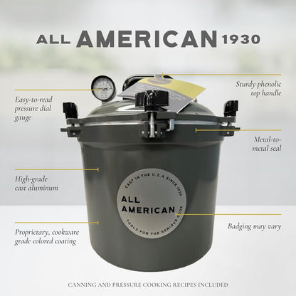 All American 1930, 21.5qt Pressure Cooker/Canner the 921, Metal to Metal Sealing System, Easy to Open and Close, Suitable for Gas, Electric