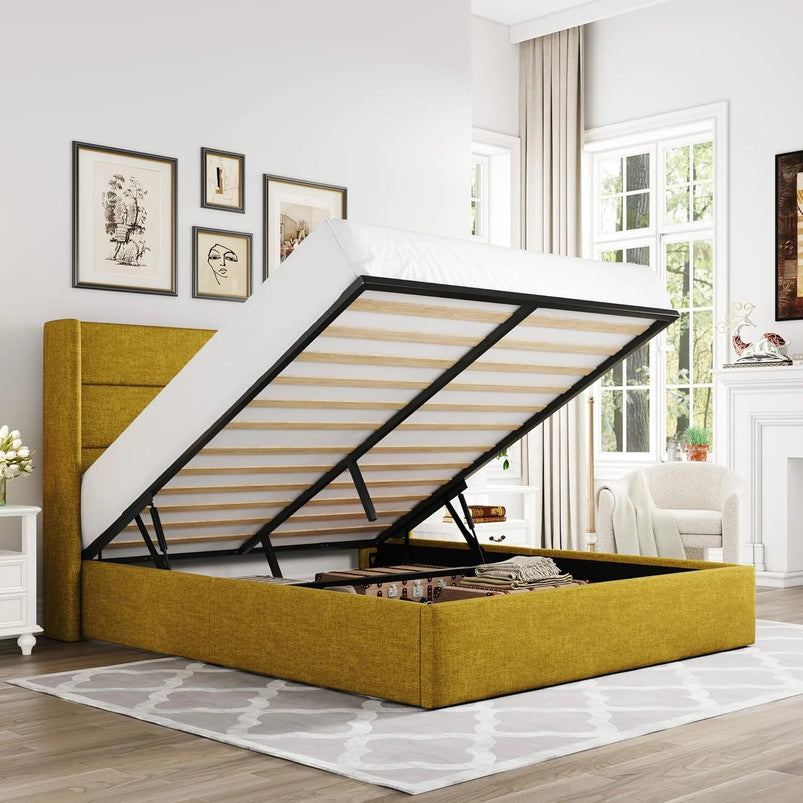 Allewie Queen Size Lift up Storage Bed, Modern Wingback Headboard, Hydraulic Support, Light Beige