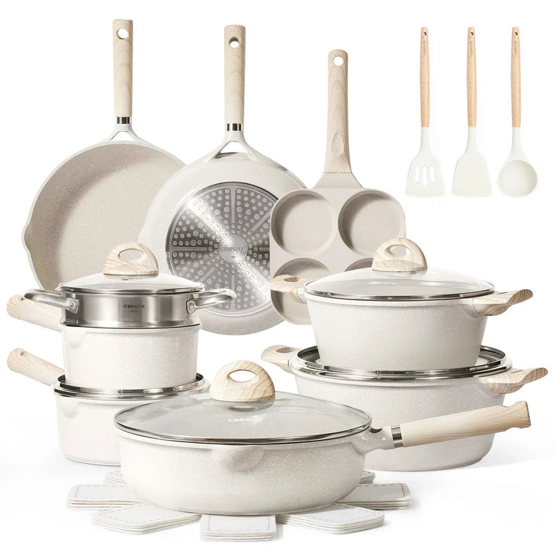 Non Stick Pots and Pans Set, 21 Pcs Induction Kitchen Cookware Sets Beige Granite