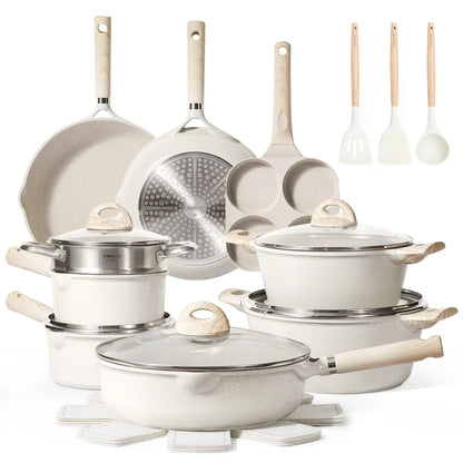 Non Stick Pots and Pans Set, 21 Pcs Induction Kitchen Cookware Sets Beige Granite