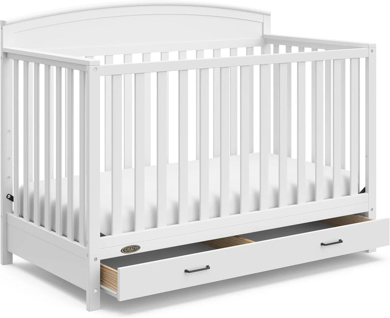 5-in-1 Convertible Baby Bed with Drawers, White, Green Guardian Gold Certification, Built-in Baby Bed Storage Drawer, Convertible to Toddler Bed