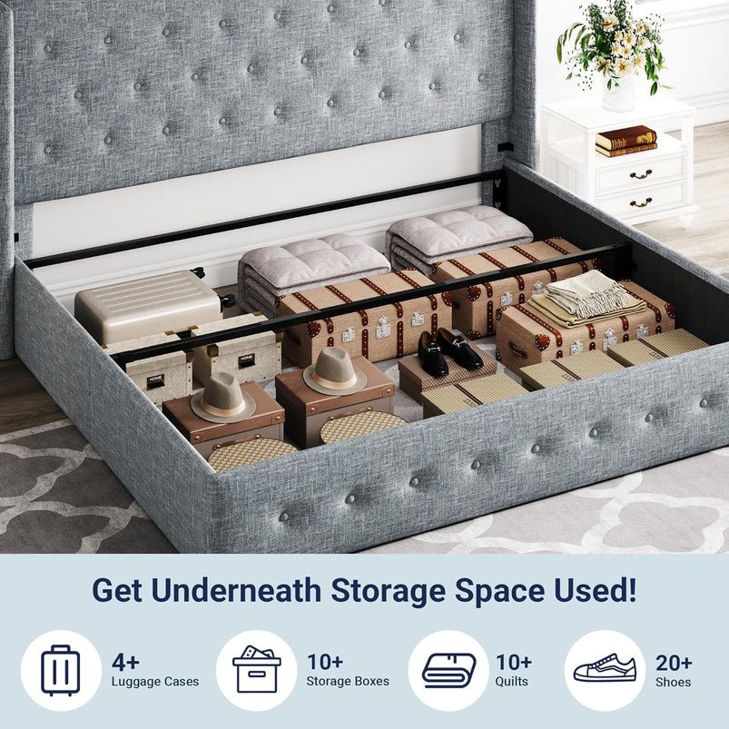 Allewie Queen Size Lift up Storage Bed, Modern Wingback Headboard, Hydraulic Support, Light Beige