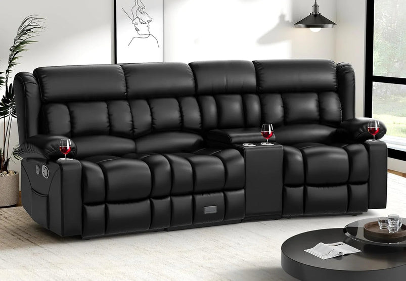 3 Seat Reclining Sofa with Storage Drawer USB Ports and Cup Holders Manual Couch